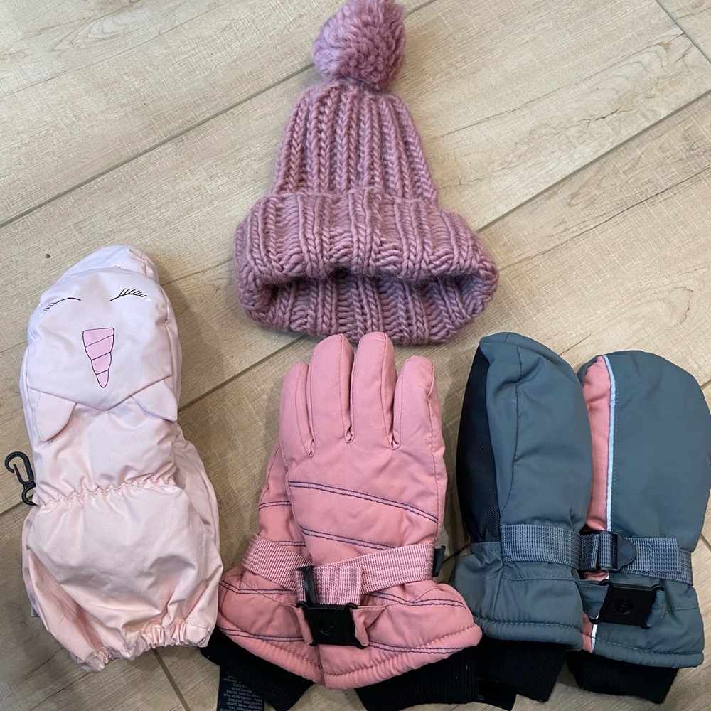 Girls Pink and Gray Winter Accessories hat and gloves